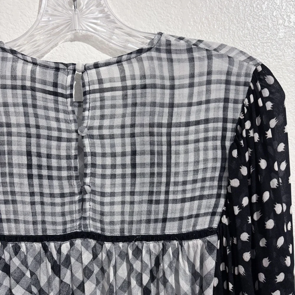 Anthropologie Bl-nk London Miranda Peasant Blouse in Black & White Gingham Plaid